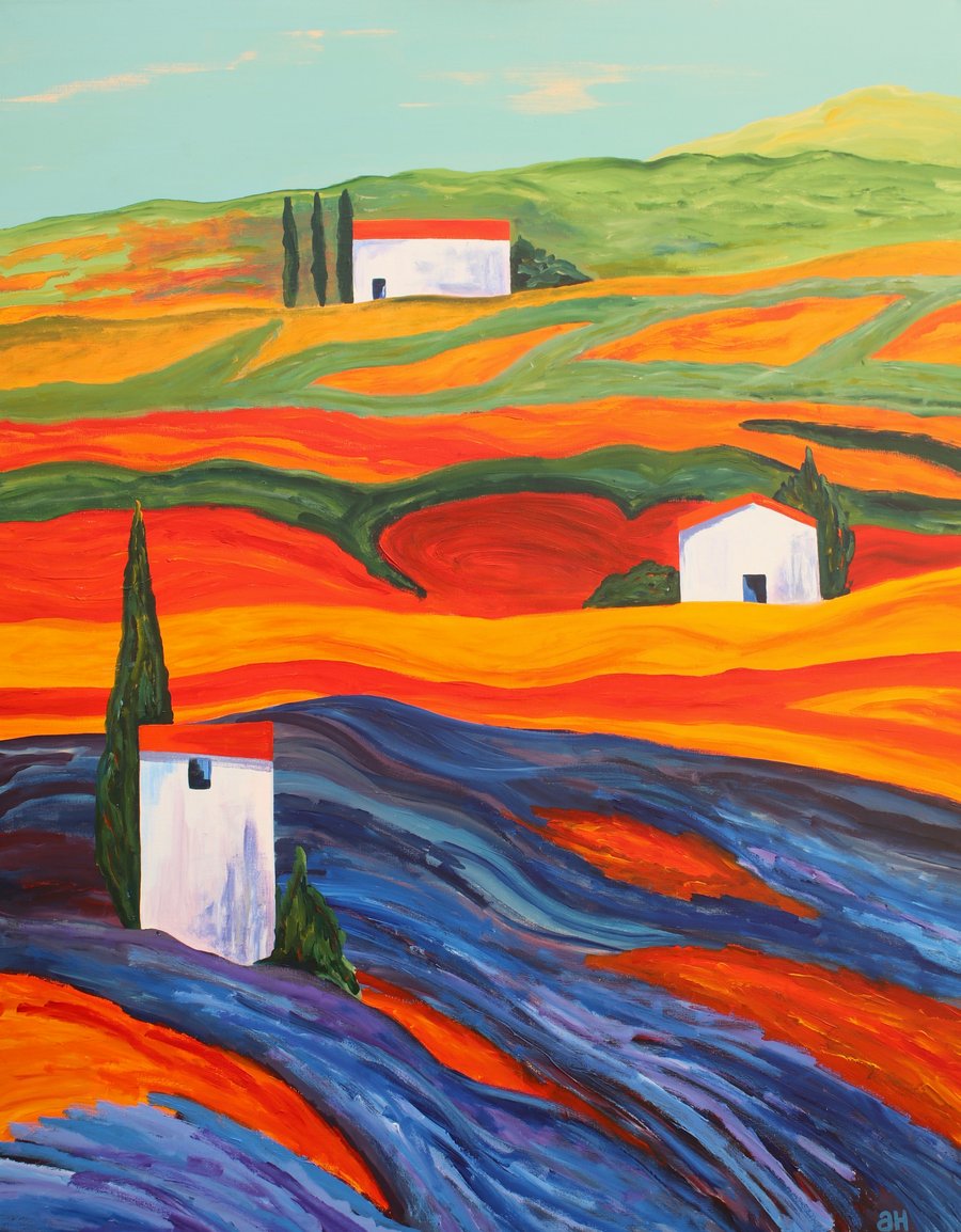 THREE TUSCAN FARMS-ORIGINAL ACRYLIC PAINTING