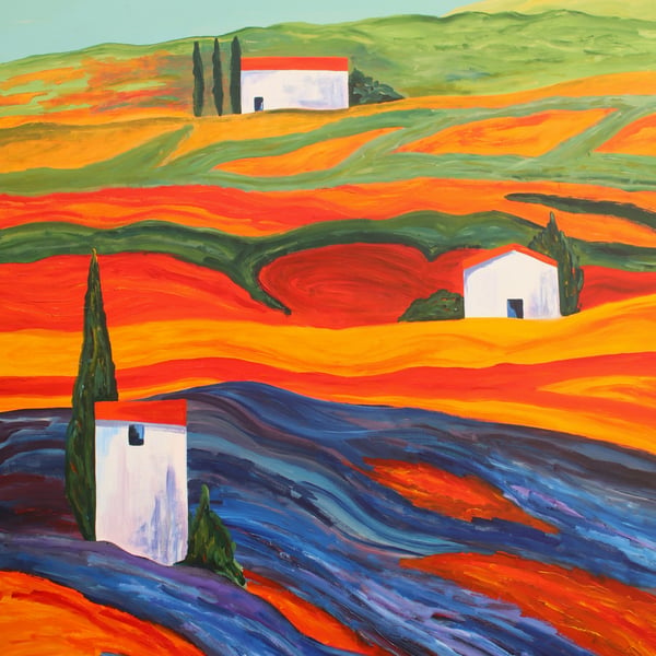 THREE TUSCAN FARMS-ORIGINAL ACRYLIC PAINTING