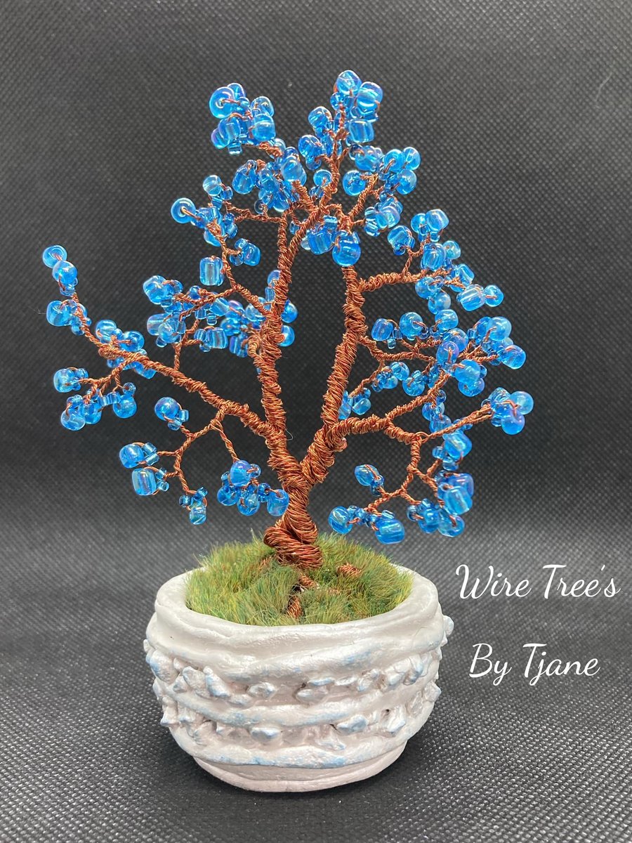 wire tree sculpture blue beaded blossom,handmade pot 