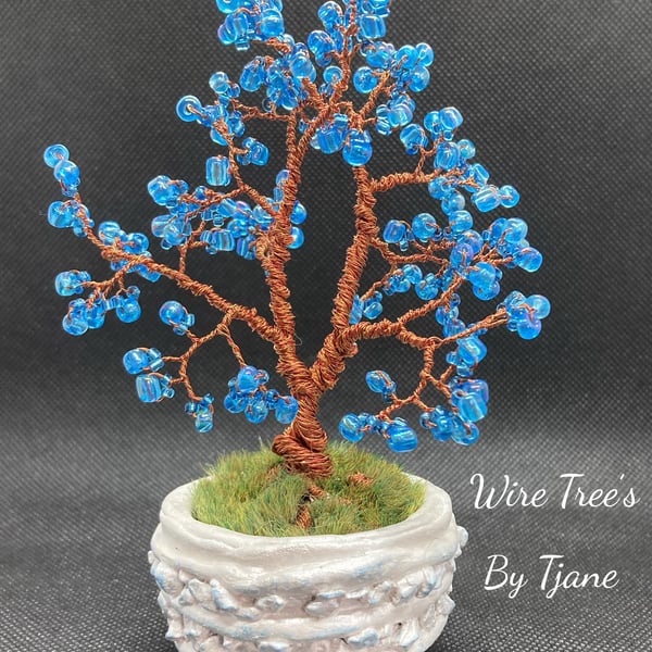 wire tree sculpture blue beaded blossom,handmade pot 
