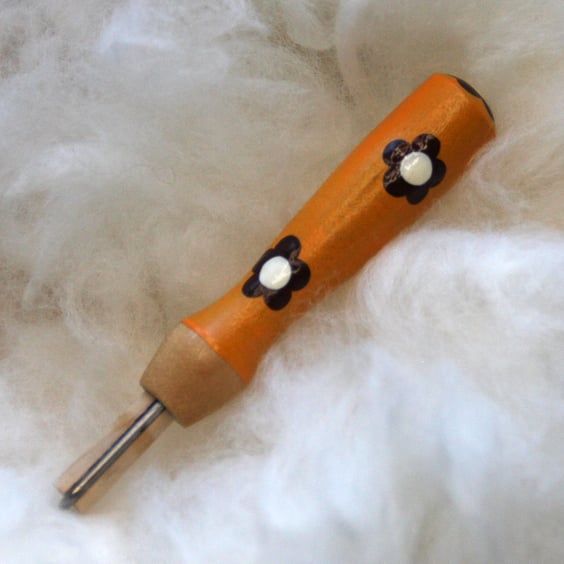   Hand painted mustard yellow needle grip tool for needle felting with flowers