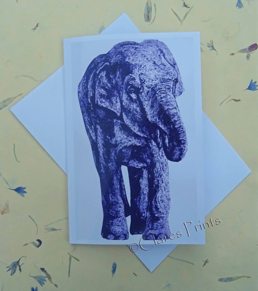 Purple Elephant Blank Greeting Card From my Collagraph Art Print 