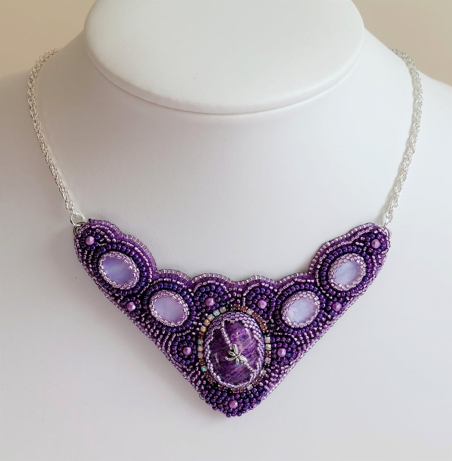 Purple shades Bead Embroidered collar necklace with silver tone chain 