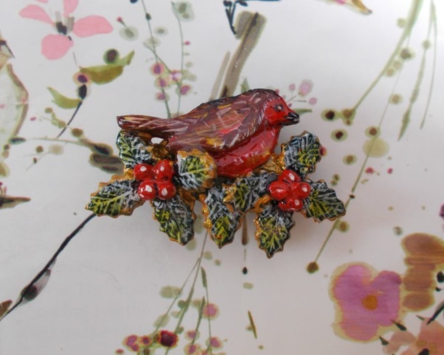 CHRISTMAS ROBIN & HOLLY BROOCH : Handmade Clay Festive Lapel Pin, Hand Painted