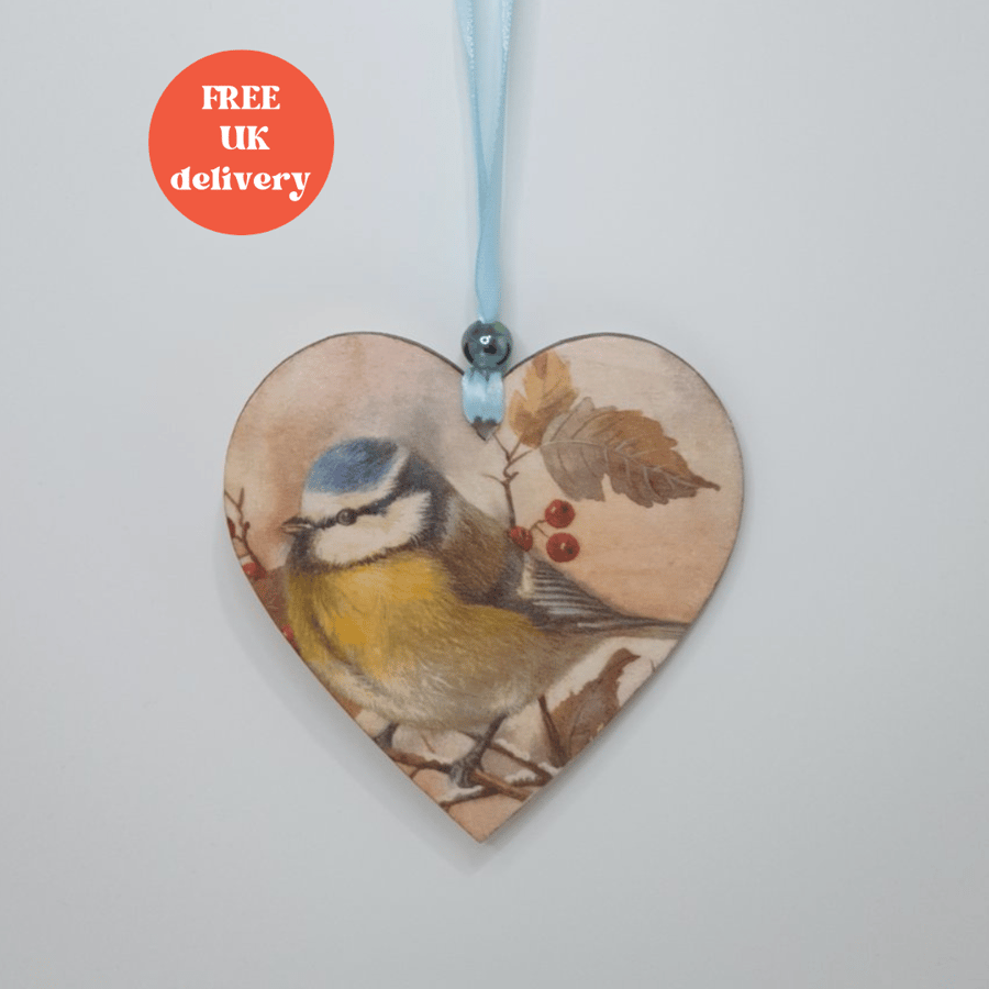 Bluetit wooden heart hanging decoration,  garden bird, gift for a bird lover 