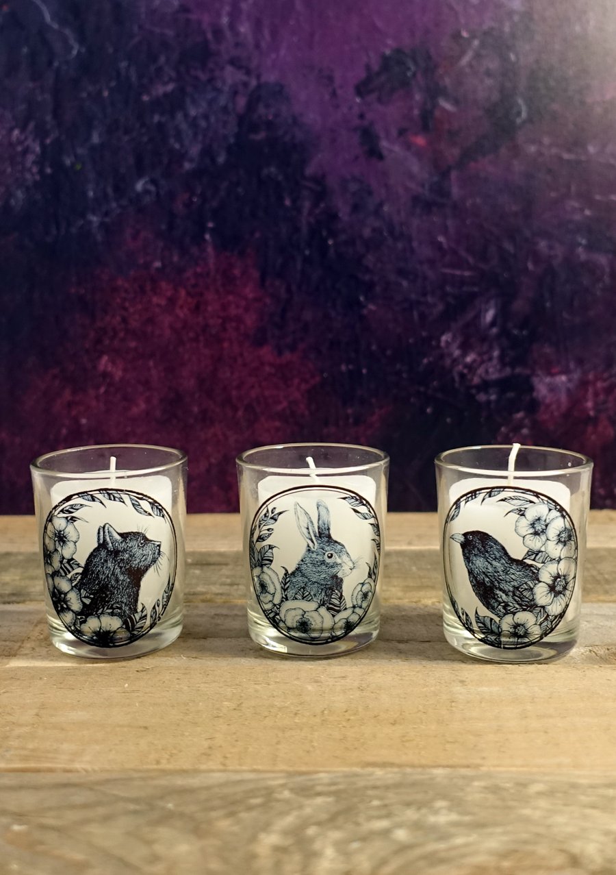 Set of 3 Small Candle Holders - Hare, Raven, Black Cat Illustrations, Botanical