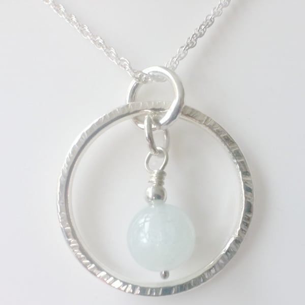 Blue Aquamarine Circle Pendant Necklace Sterling Silver Pendant