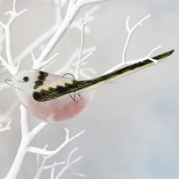Long Tailed Tit No2 - Tail Up! - Garden Bird - Fused Glass Hanging