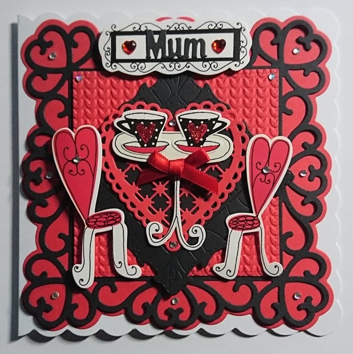 Mum Card Tea for Two Mother's Day Birthday Glitter Red 3D Luxury Handmade Card 