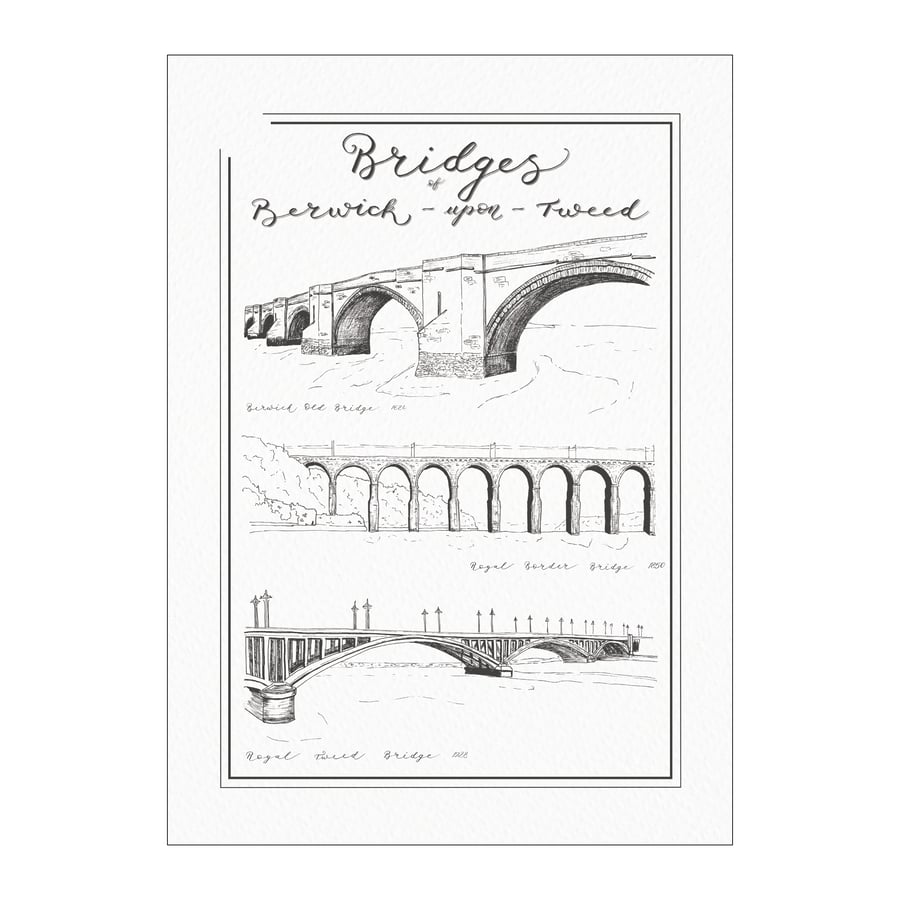 Three Bridges of Berwick-upon-Tweed: Pen and Ink Illustrated Eco A4 Art Print