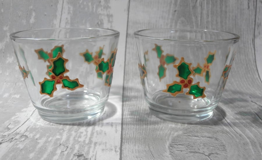 Pair of 'Holly' tealight holders. Christmas tealight holders. Hand painted gift.