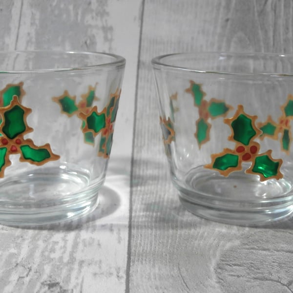 Pair of 'Holly' tealight holders. Christmas tealight holders. Hand painted gift.