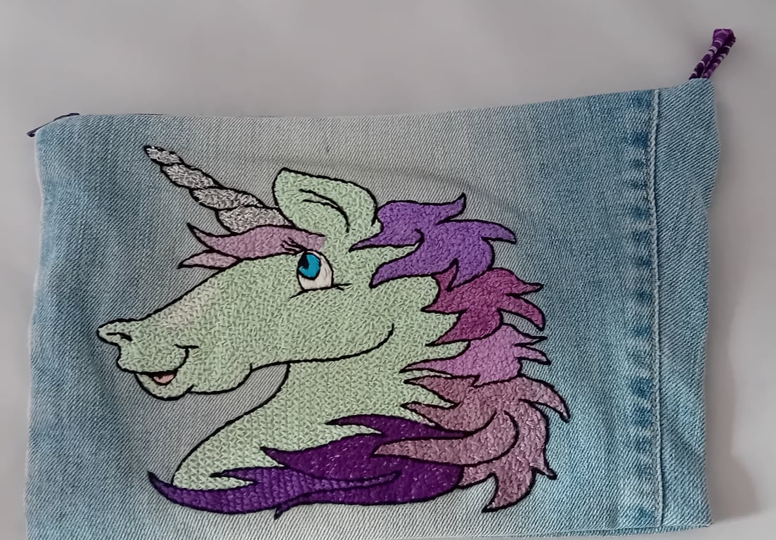  Unicorn Zippered Pouch Hand Embroidered onto Denim