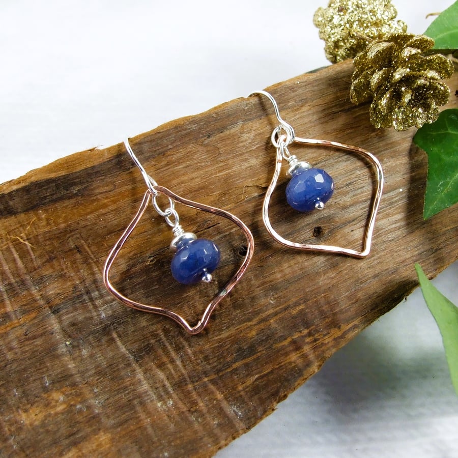 Earrings, Christmas Bauble Copper and Sterling Silver with Blue Agate