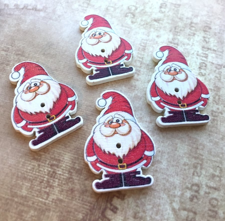 Pack of 10 - Wooden Buttons Santa Claus Christmas Embellishment