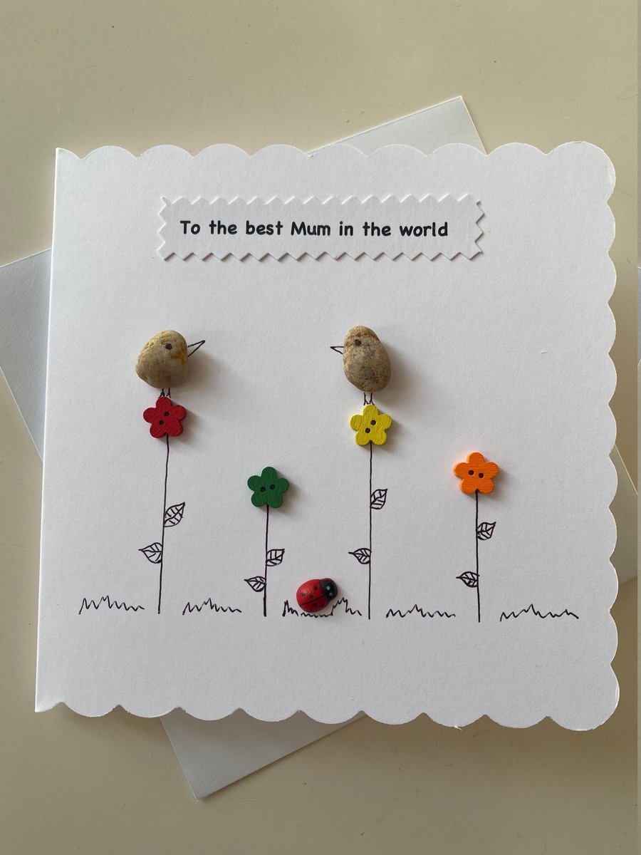 Mother's Day Handmade Card, Mother's Day Pebble Art Card, Personalised Card for 