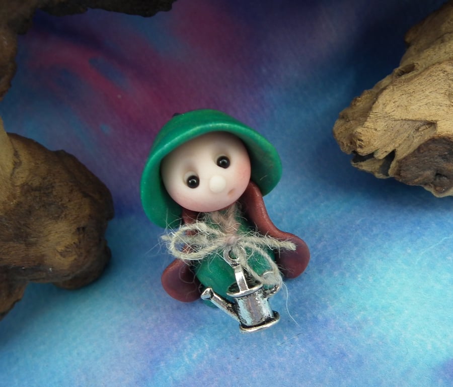 Tiny Gardening Gnome with watering can 'Digger' 1.5" OOAK Sculpt by Ann Galvin