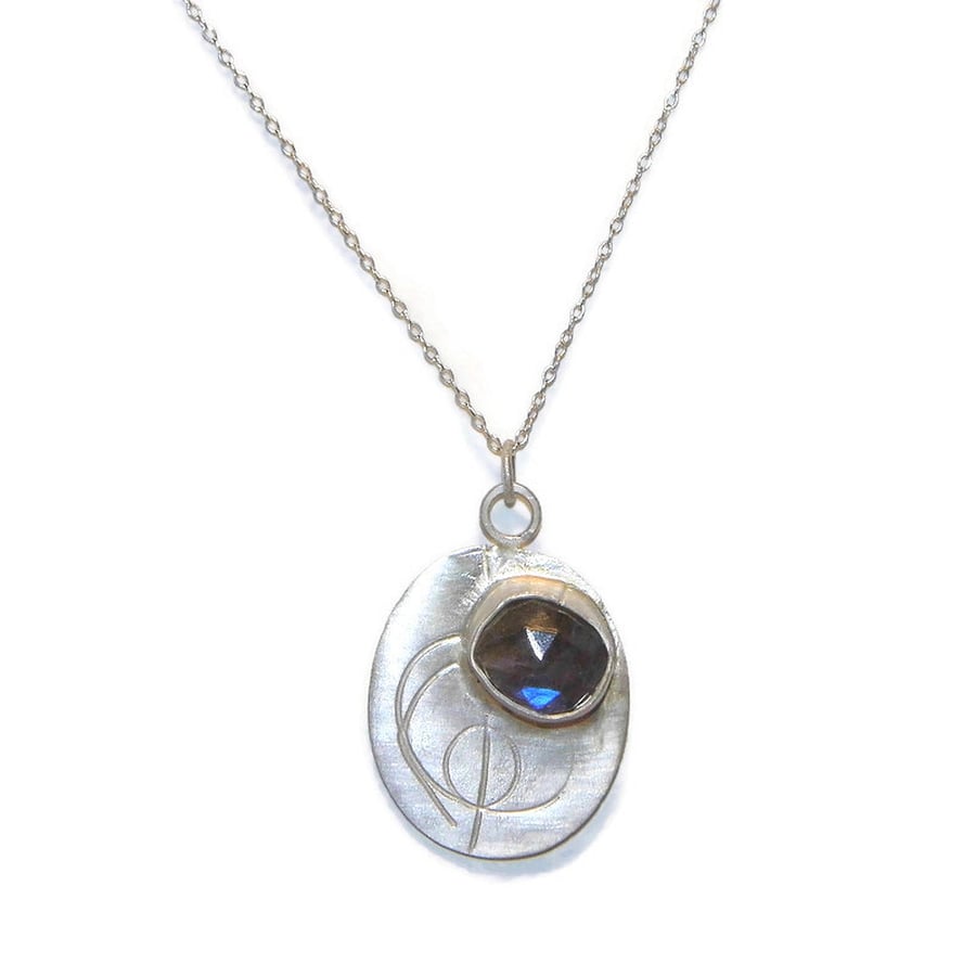 Roller printed handmade oval sterling silver pendant with labradorite