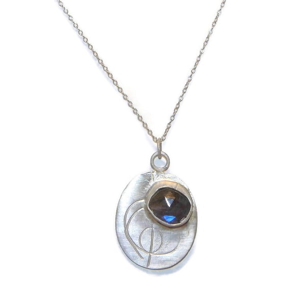 Roller printed handmade oval sterling silver pendant with labradorite