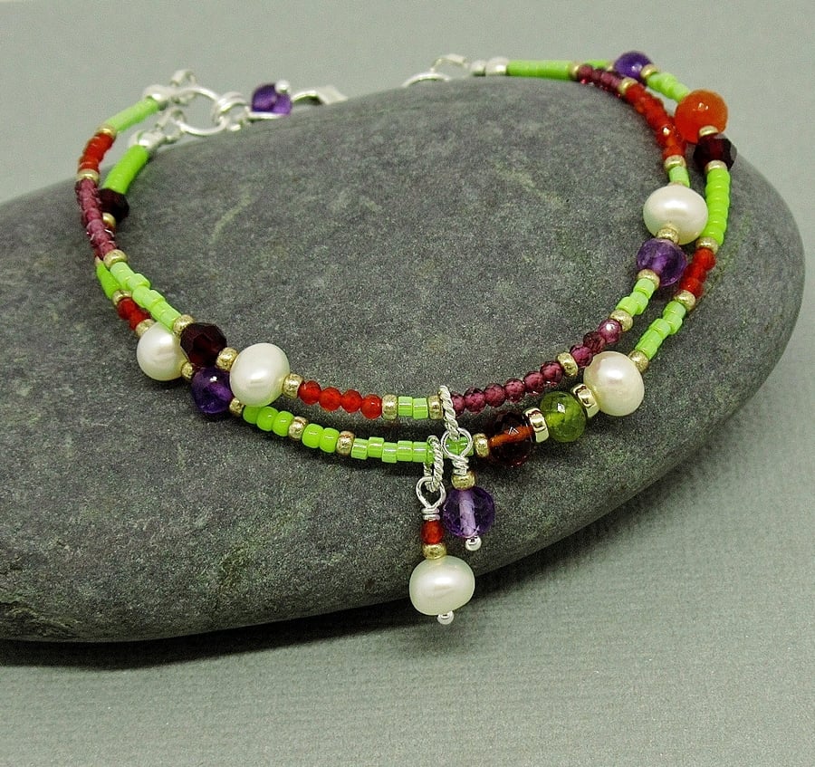Double Strand Mixed Gemstone Bracelet - Sterling Silver 