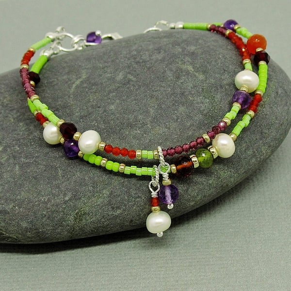 Double Strand Mixed Gemstone Bracelet - Sterling Silver 