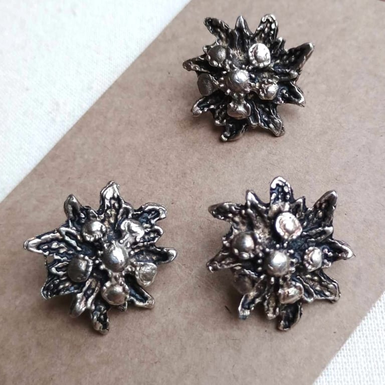 Vintage Button Set - three Edelweiss flower metal buttons with deep shanks 