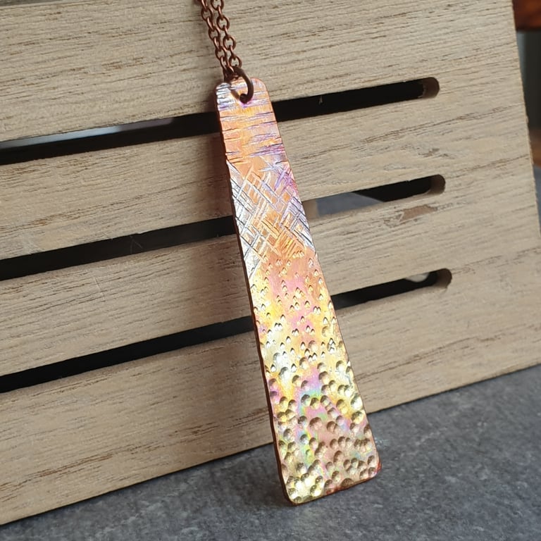 Copper rectangle pendant, Flame patina jewellery, 7th anniversary gift