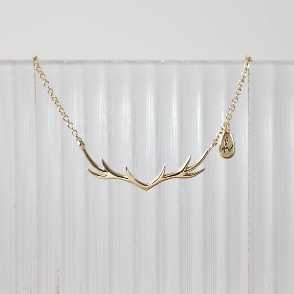 Deer Antler Necklace, 9ct 18ct Yellow Gold, Delicate Deer Horn, Personalised Tag