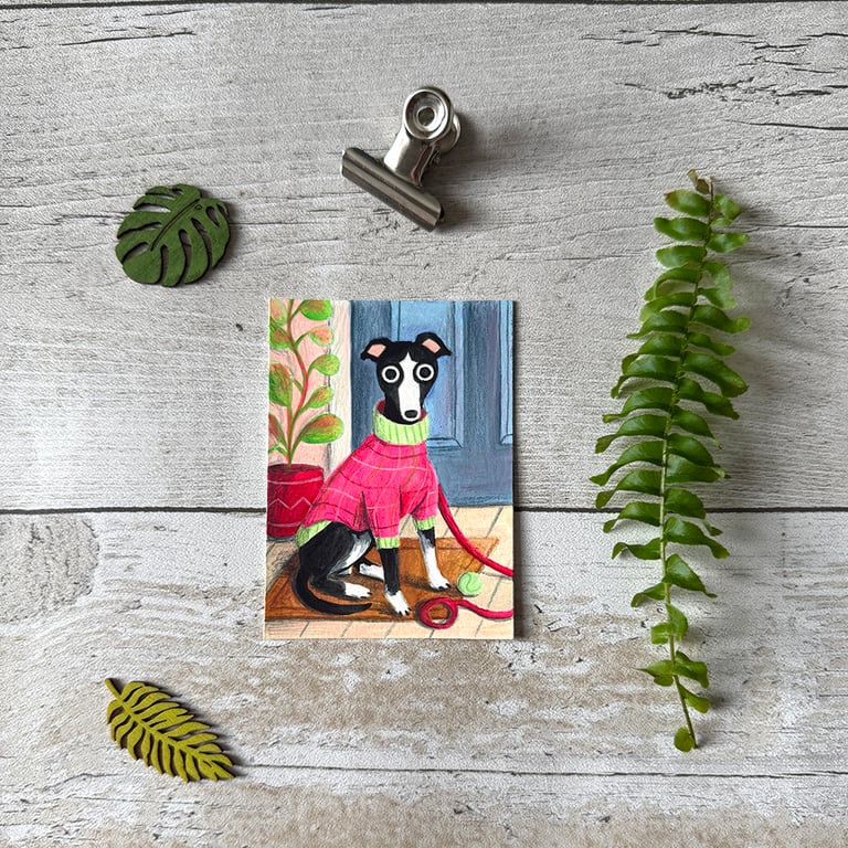 Whippet Miniature Original ACEO painting - One of a kind