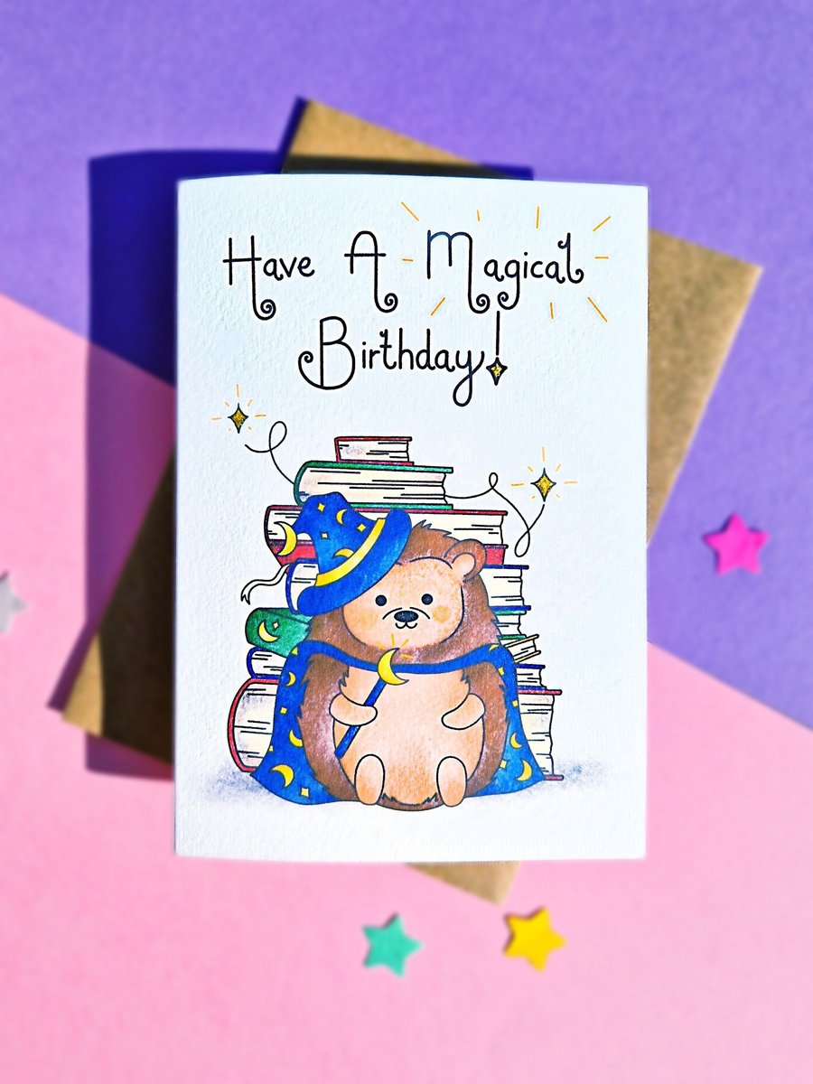 Hedgehog Birthday Card, Wizard birthday card, Have a Magical Birthday! 