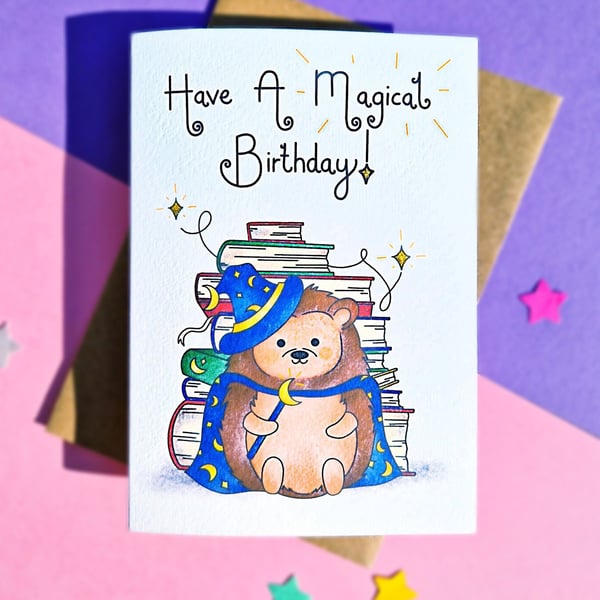 Hedgehog Birthday Card, Wizard birthday card, Have a Magical Birthday! 