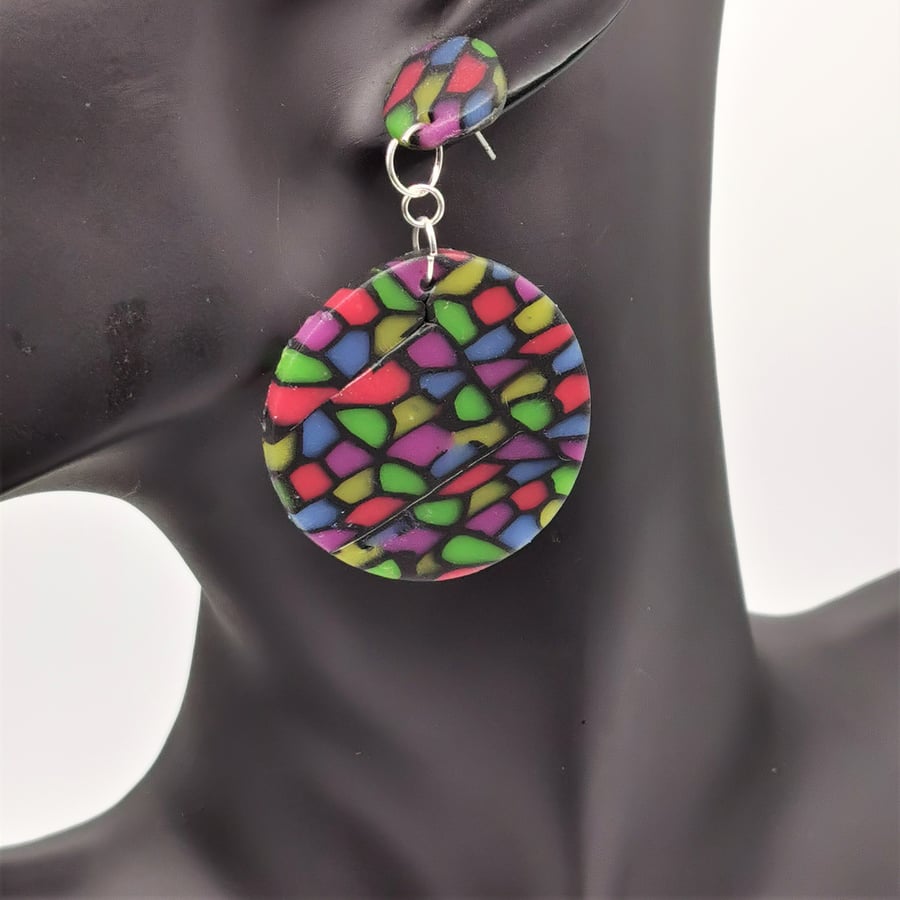 Large round, stained glass effect, polymer clay, dangle earrings.