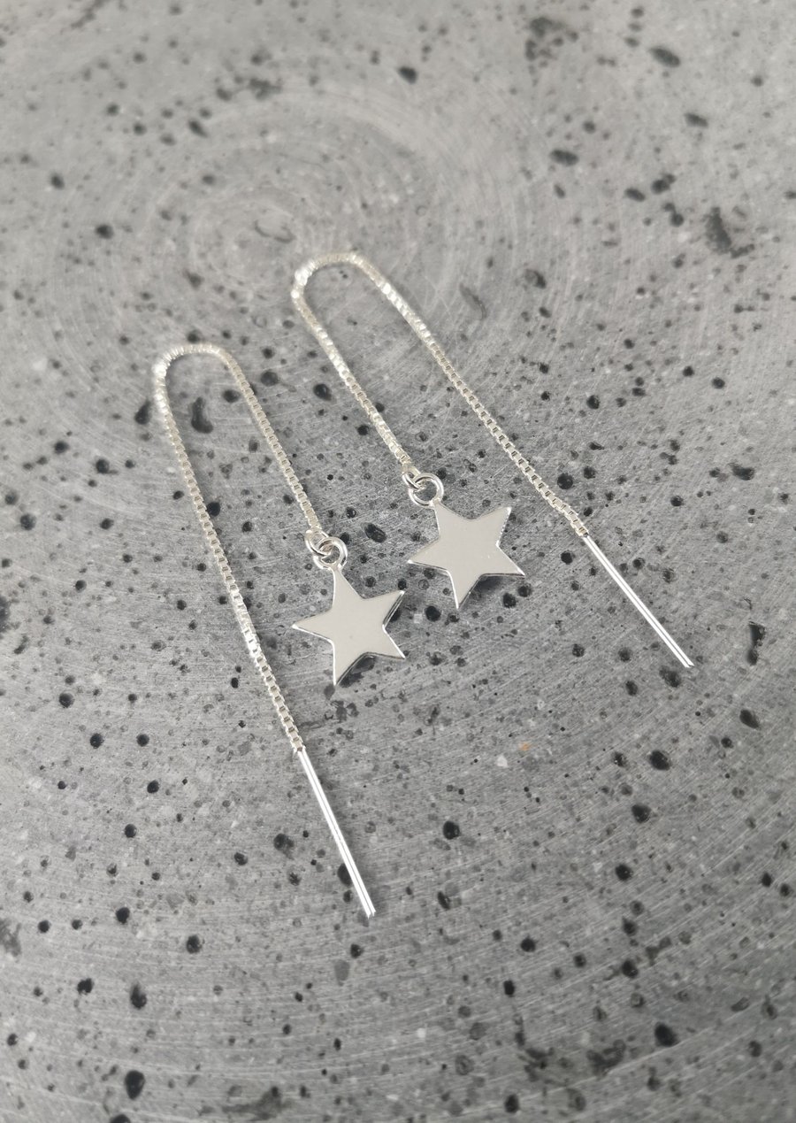 silver star earrings, star threaders, long threader earrings