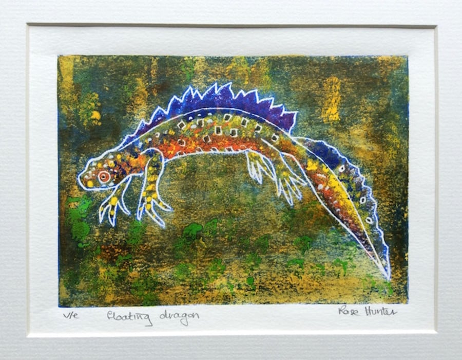 Floating Dragon - original hand painted lino print 002