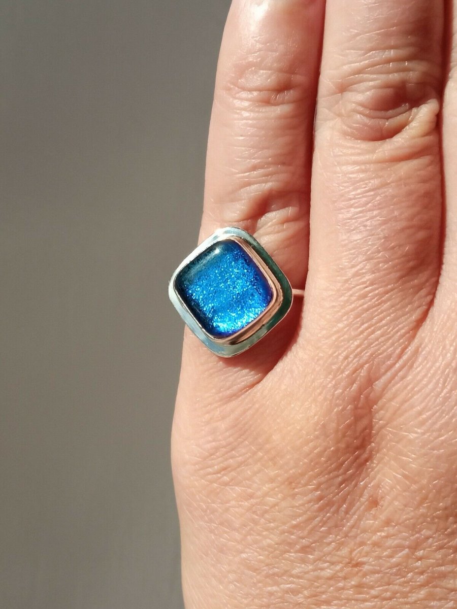 Fine Silver & Recycled Sterling Silver Deep Blue Dichroic Glass Ring UK Size L