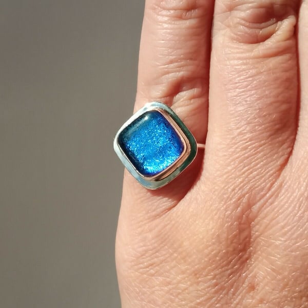 Fine Silver & Recycled Sterling Silver Deep Blue Dichroic Glass Ring UK Size L