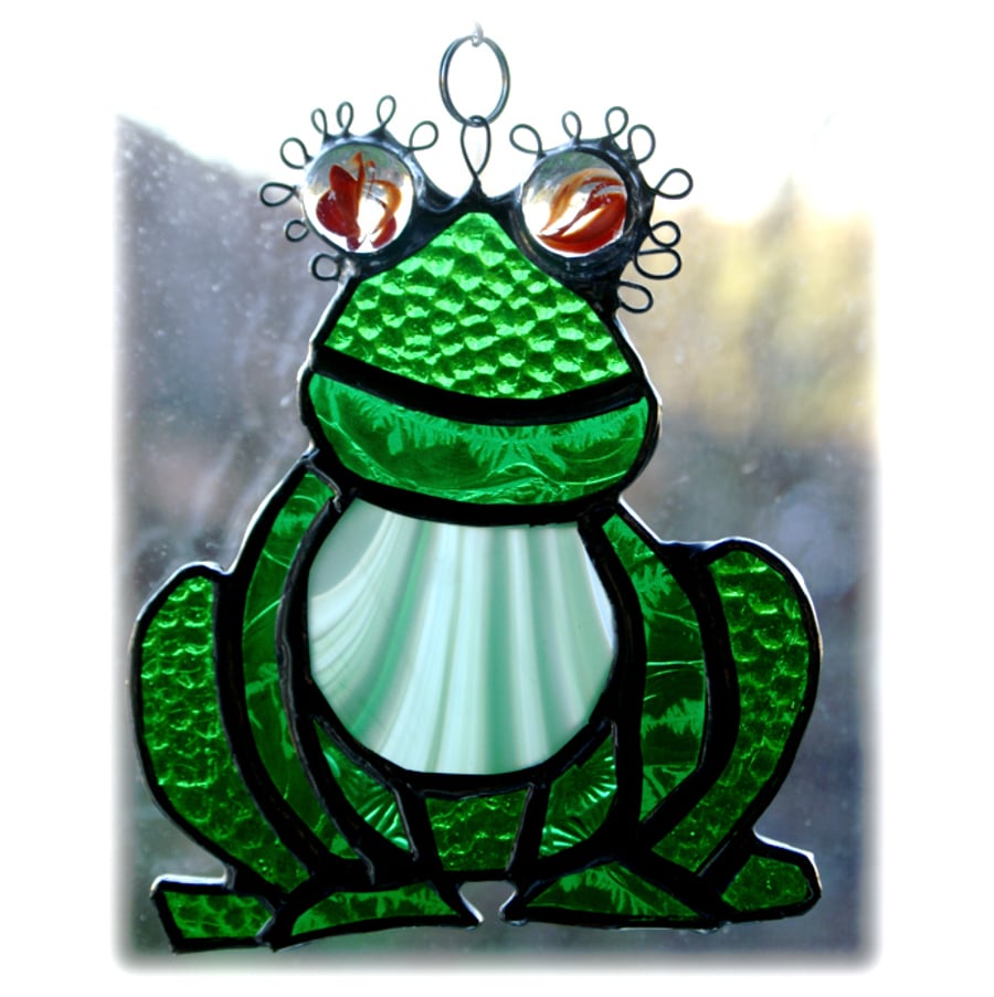 Image of SOLD Frog Suncatcher Stained Glass Handmade Gardener Gift Ribbit