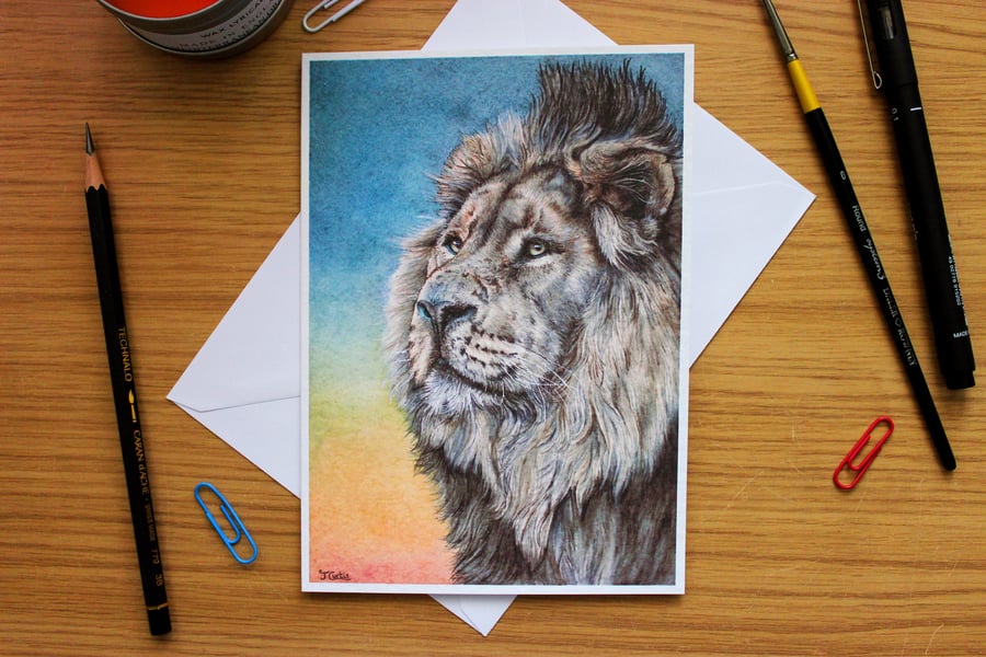 Lion Greeting Card - Blank Greeting Card, Wildlife Art Card, Free UK Post