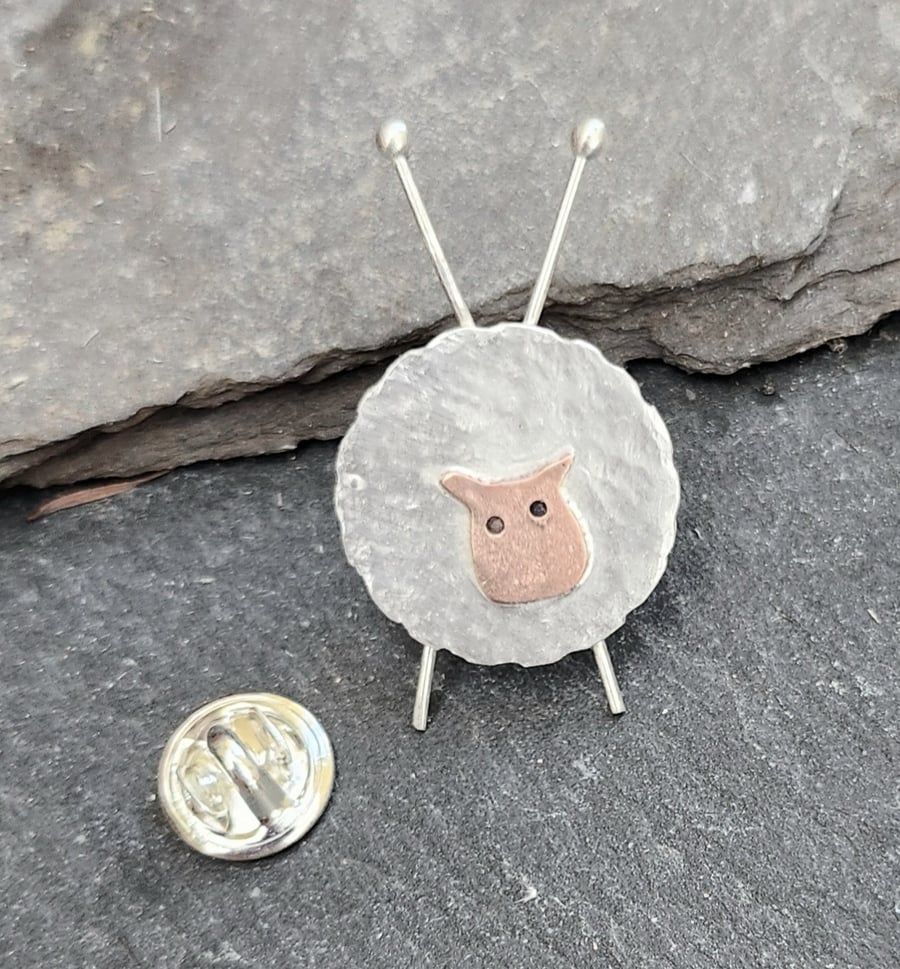 Knitting needle sheep pin brooch in sterling silver and copper