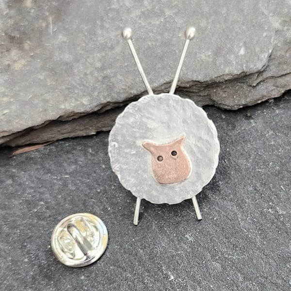 Knitting needle sheep pin brooch in sterling silver and copper