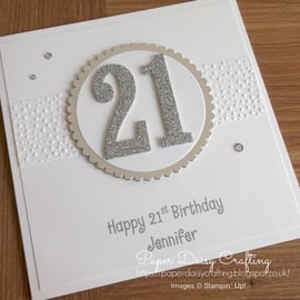 Handmade 21st birthday card, - personalised with any age, name and message