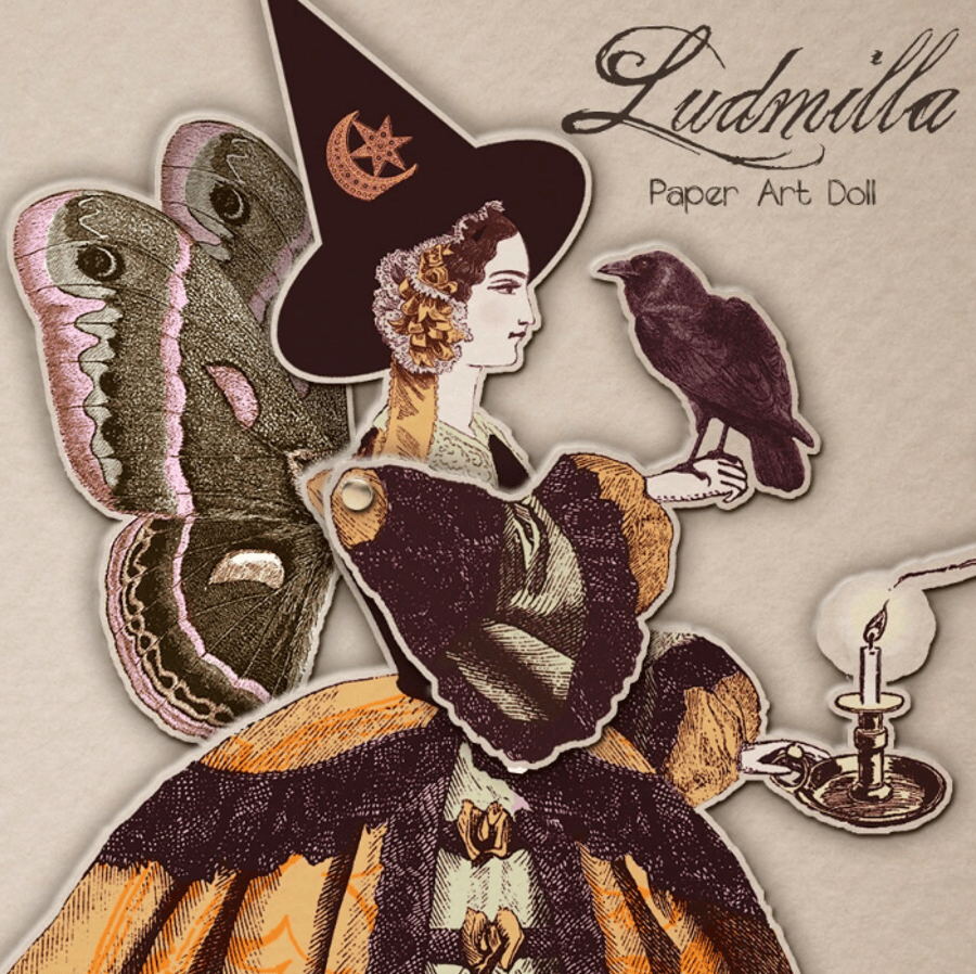 Cut out and make Paper Doll from Vintage Prints - Ludmilla the Witch