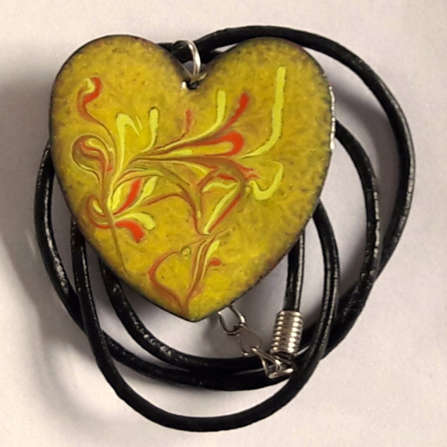 large heart pendant on thong - red and gold scrolled over yellow enamel