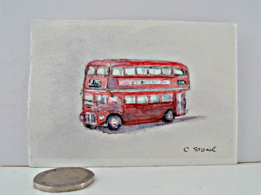 ACEO original miniature watercolour painting classic Routemaster London bus