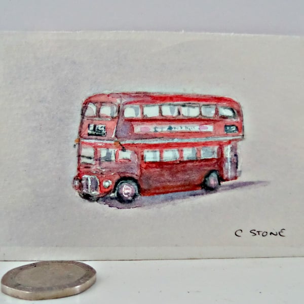 ACEO original miniature watercolour painting classic Routemaster London bus