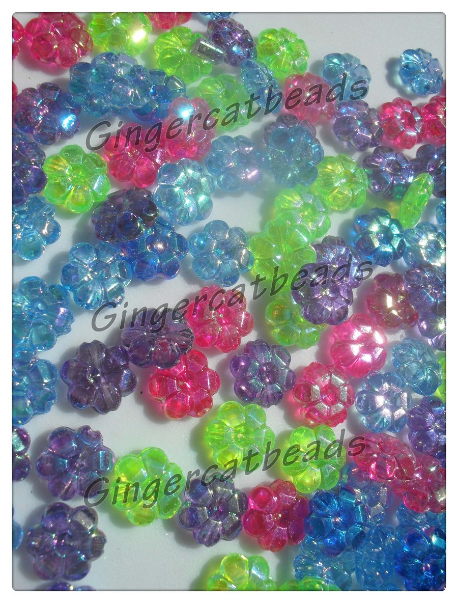 200 x AB Plated Acrylic Beads - 10mm - Flower - Mixed Colour 
