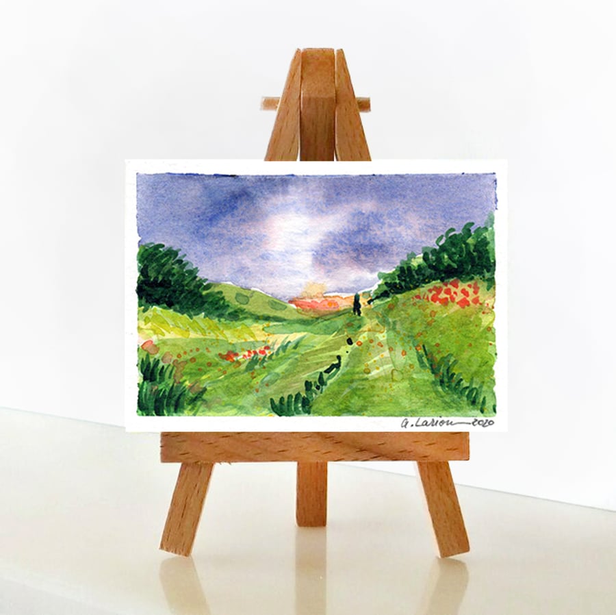 'Field with walker' - ACEO Original Mixed Media Painting