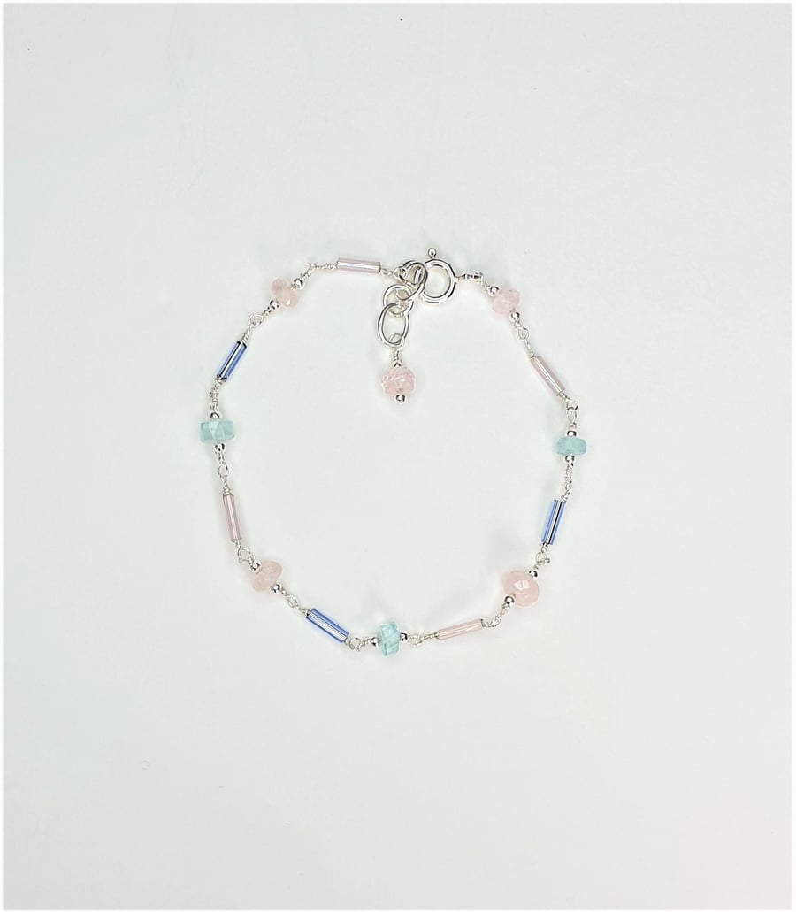 Dainty Aquamarine, Morganite And 925 Sterling Silver Rosary linked Bracelet