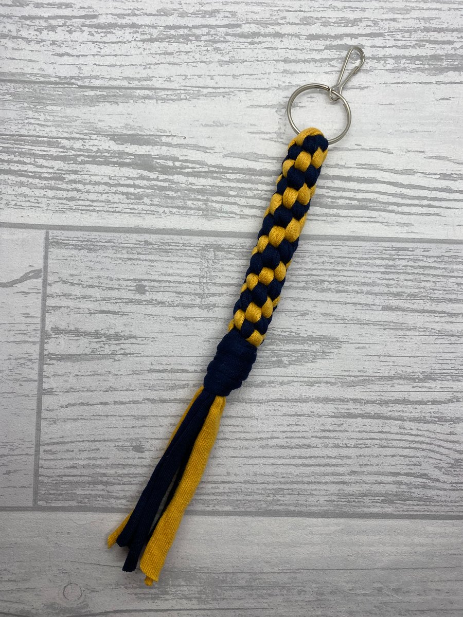 Macrame keyring in mustard and navy recycled t-shirt yarn