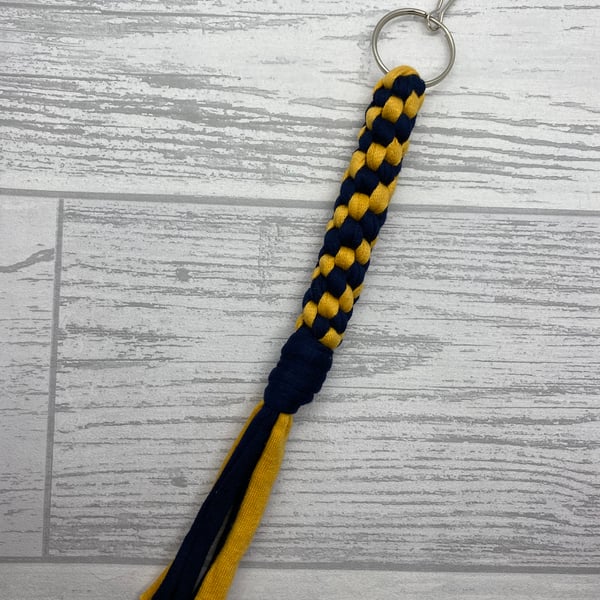 Macrame keyring in mustard and navy recycled t-shirt yarn